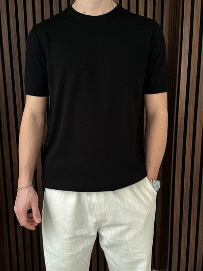 Bisiklet Yaka Yaka Triko Tshirt Siyah