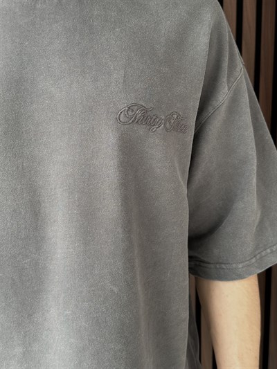 Nakışlı Yıkamalı Oversize Tshirt Gri