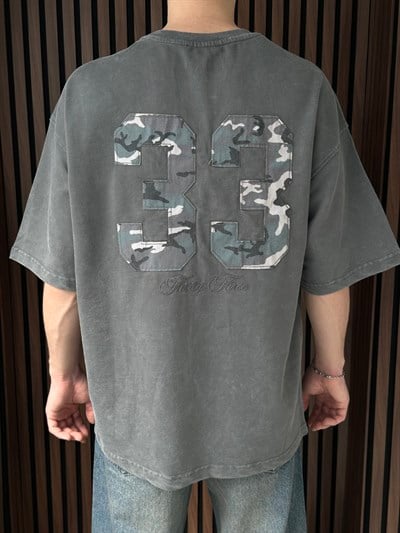 Nakışlı Yıkamalı Oversize Tshirt Gri