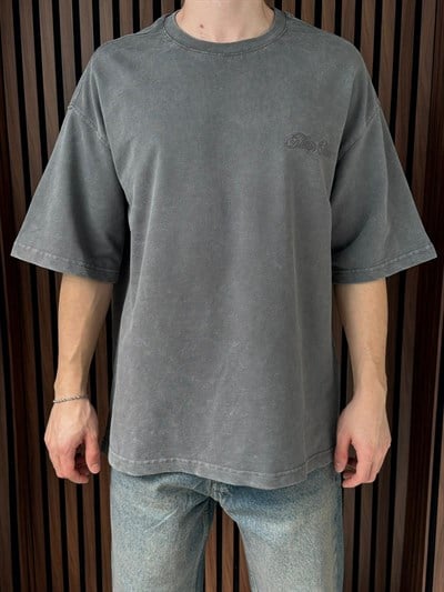 Nakışlı Yıkamalı Oversize Tshirt Gri