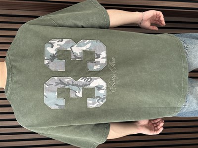 Nakışlı Yıkamalı Oversize Tshirt Haki Yeşil