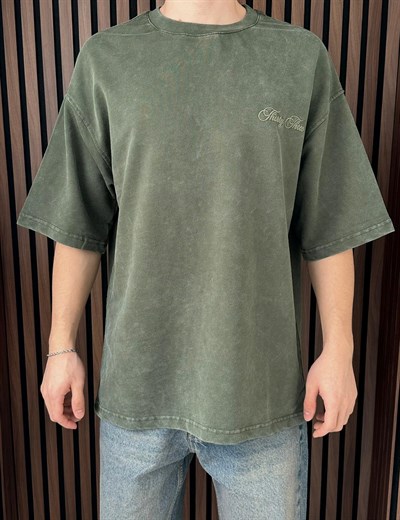 Nakışlı Yıkamalı Oversize Tshirt Haki Yeşil