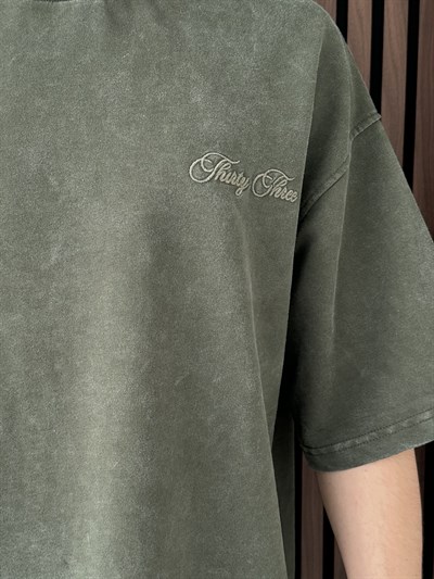 Nakışlı Yıkamalı Oversize Tshirt Haki Yeşil