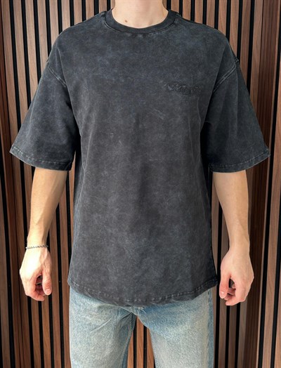 Nakışlı Yıkamalı Oversize Tshirt Siyah