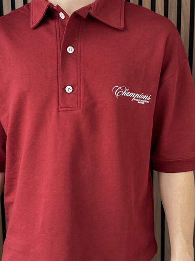 Polo Yaka Champions Baskılı Crop Tshirt Bordo
