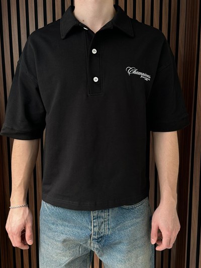 Polo Yaka Champions Baskılı Crop Tshirt Siyah