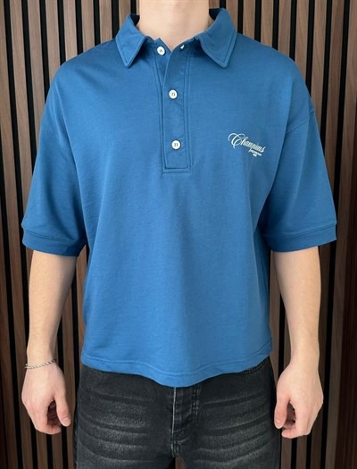 Polo Yaka Champions Baskılı Crop Tshirt Mavi