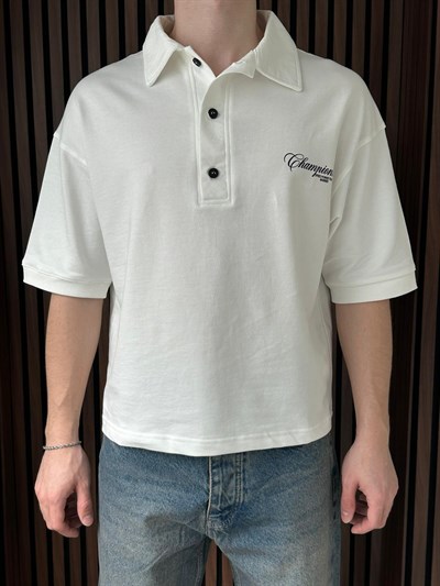 Polo Yaka Champions Baskılı Crop Tshirt Beyaz