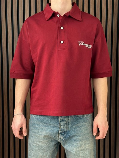 Polo Yaka Champions Baskılı Crop Tshirt Bordo