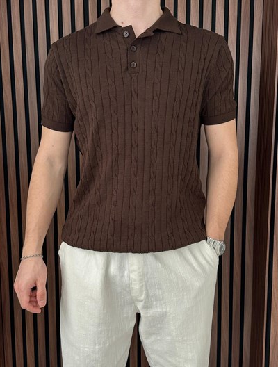 Polo Yaka Örgülü Triko Tshirt Kahverengi