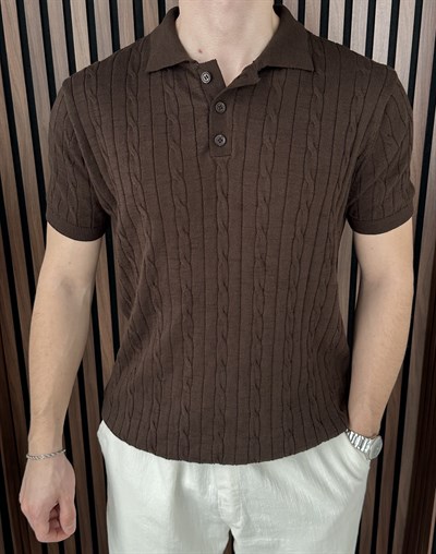 Polo Yaka Örgülü Triko Tshirt Kahverengi