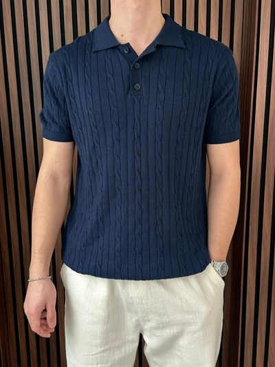 Polo Yaka Örgülü Triko Tshirt Lacivert