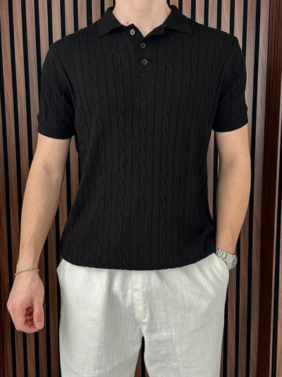 Polo Yaka Örgülü Triko Tshirt Siyah