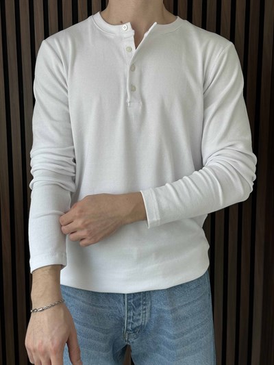 Uzun Kollu Düğmeli Tshirt Beyaz