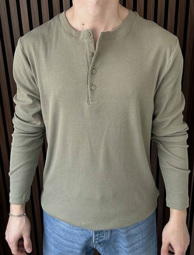 Uzun Kollu Düğmeli Tshirt Haki Yeşil