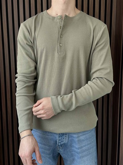 Uzun Kollu Düğmeli Tshirt Haki Yeşil