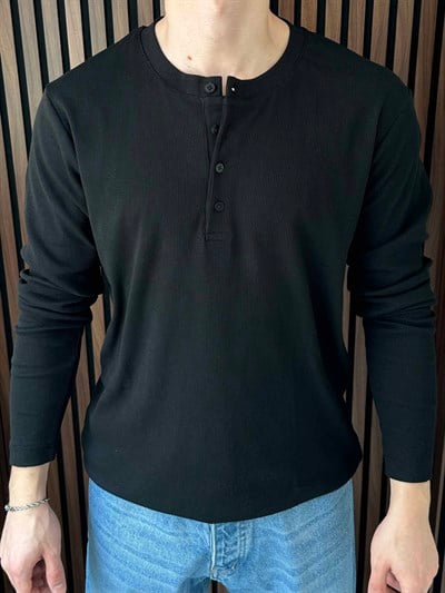 Uzun Kollu Düğmeli Tshirt Siyah