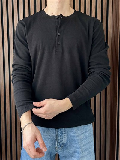 Uzun Kollu Düğmeli Tshirt Siyah
