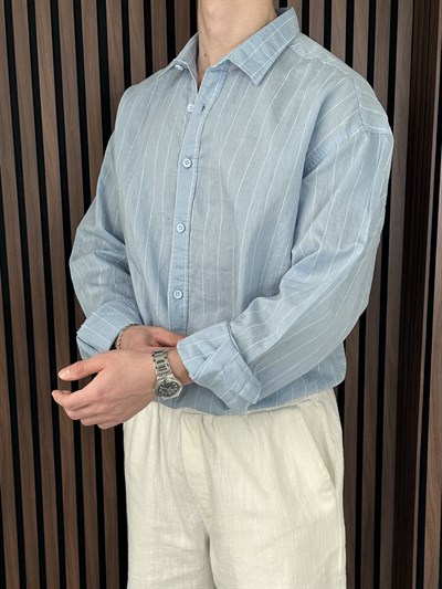 Viscon Keten Çizgili Oversize Gömlek Açık Mavi