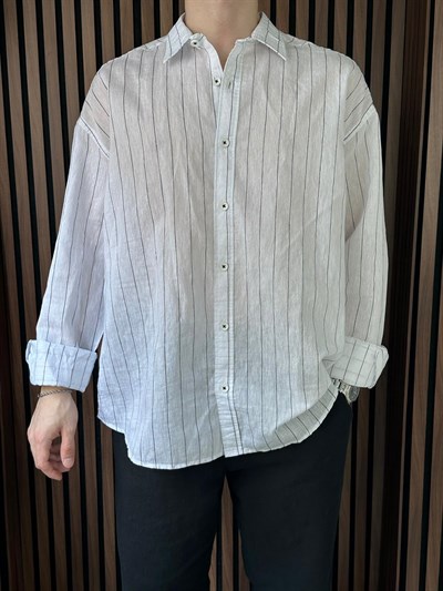 Viscon Keten Çizgili Oversize Gömlek Beyaz