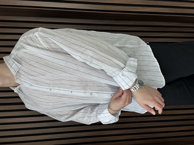 Viscon Keten Çizgili Oversize Gömlek Beyaz