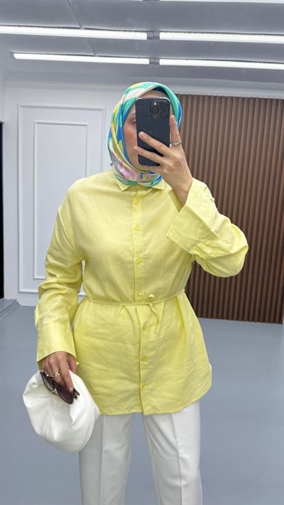 Bağcıklı Natural Keten Gömlek | Sarı