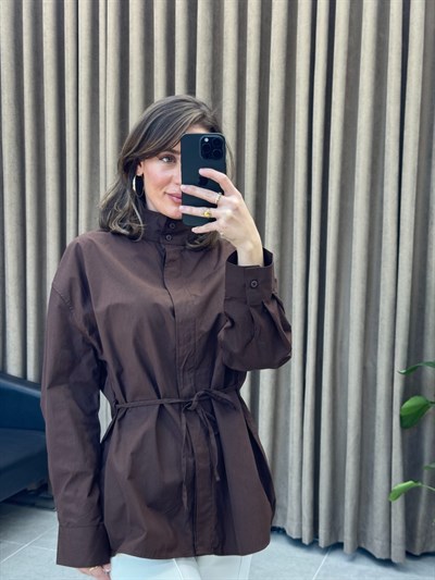 Bağlamalı Poplin Gömlek | Kahverengi