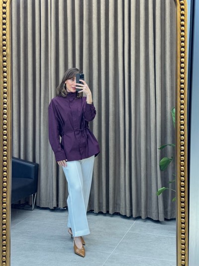 Bağlamalı Poplin Gömlek | Mürdüm