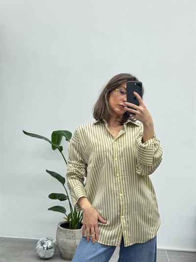 Cep Detaylı Oversize Çizgili Gömlek | Sarı