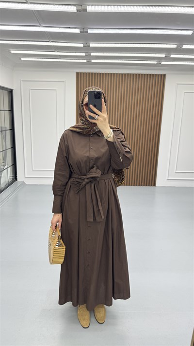 Geniş Kuşaklı Poplin Elbise | Kahve