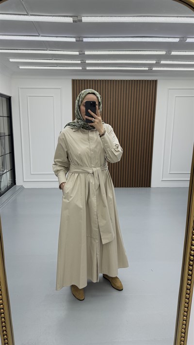 Geniş Kuşaklı Poplin Elbise | Taş