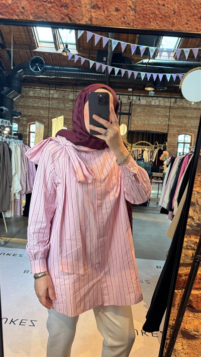 Kuşaklı Çizgili Tasarım Gömlek | Pembe