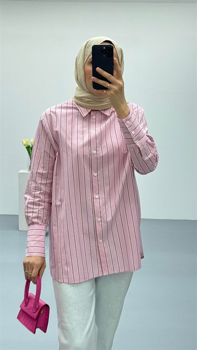 Oversize Çizgili Gömlek | Pembe