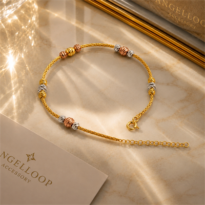 925 Ayar Gümüş Üç Renk Top Detaylı 14 Ayar Altın Kaplama Bileklik – Gümüş Gold Rose / Gümüş Parlatma Bezi Hediyeli