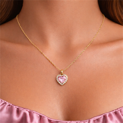 Gold Çelik Pembe Zirkon Taşlı Kalp Kolye | Paslanmaz Çelik | Mikrofiber Takı Bezi Hediyeli