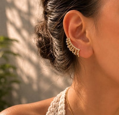 Gold Cuff Görünümlü Küpe-3 cm-Zirkon Taşlı Paslanmaz Çelik-Xuping Küpe