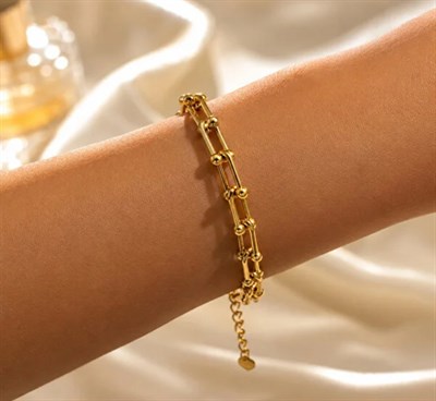 Gold Halka Zincir Bileklik-Paslanmaz Çelik-Mikrofiber Takı Bezi Hediyeli