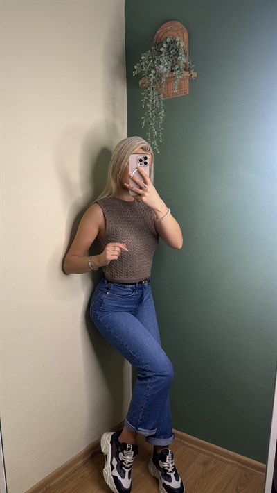 Ajurlu Crop Kahverengi Kazak 