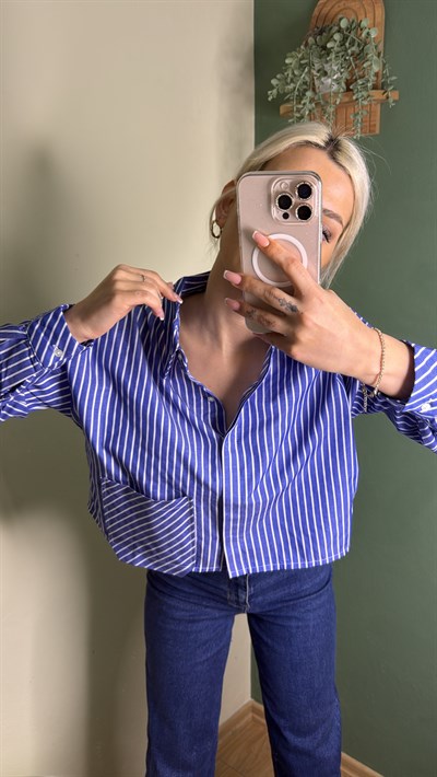 Çizgili Crop Gömlek (Mavi)