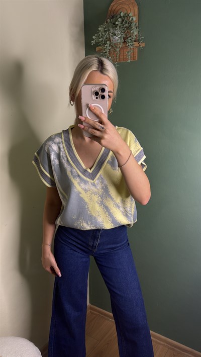 Desenli Triko Süveter (Sarı-Gri)