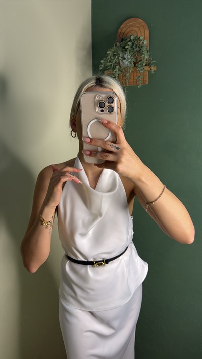 Saten Halter Yaka Bluz Beyaz