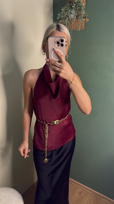 Saten Halter Yaka Bluz Bordo