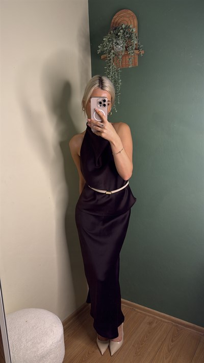 Saten Halter Yaka Bluz Kahverengi