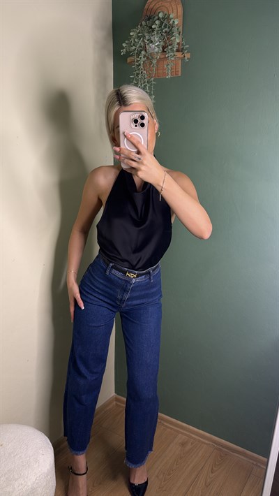 Saten Halter Yaka Bluz Siyah 