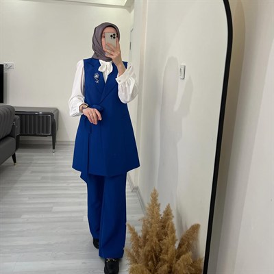 BROŞLU 3'LÜ PANTOLON TAKIM SAKS MAVİ