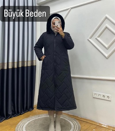 LİNEA KUMAŞ BÜYÜK BEDEN  ASTARLI KAPİTONE TAM BOY MONT SİYAH