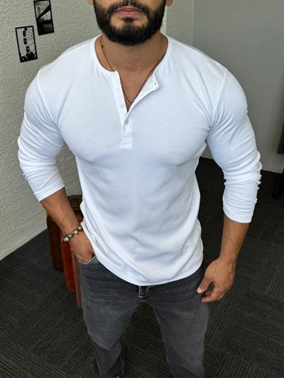 Beyaz Düğme Detay Uzun Kol Sweat