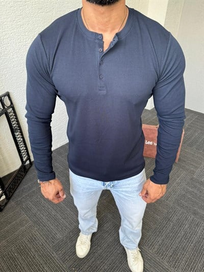 Lacivert Düğme Detay Uzun Kol Sweat