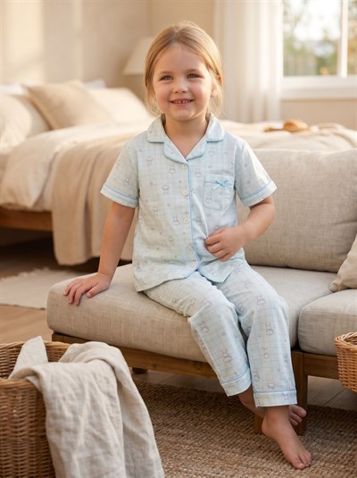 Kız Çocuk Düğme Detaylı Tavşanlı Pijama Takımı