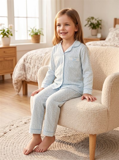 Kız Çocuk Düğme Detaylı Pijama Takımı